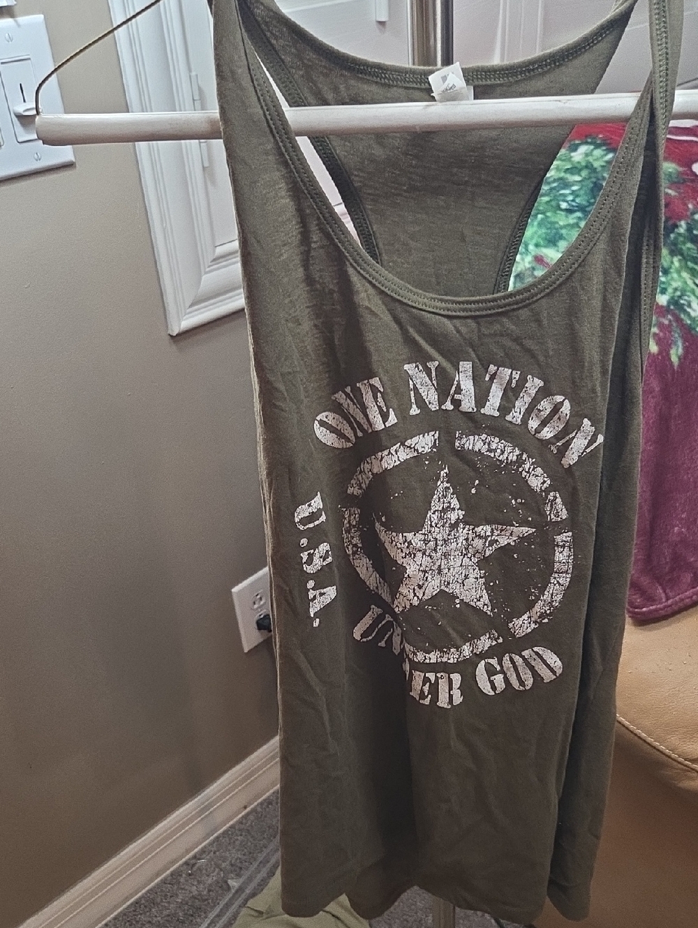 Olive Green Graphic Tank Top One Nation Under God XXL